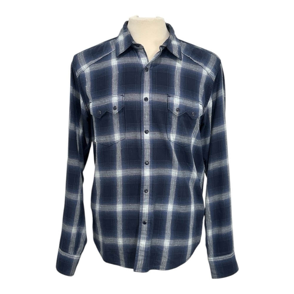 Lucky Brand Western Men M Blue Flannel Plaid Pearl Snap Front Shirt Long Sleeve
